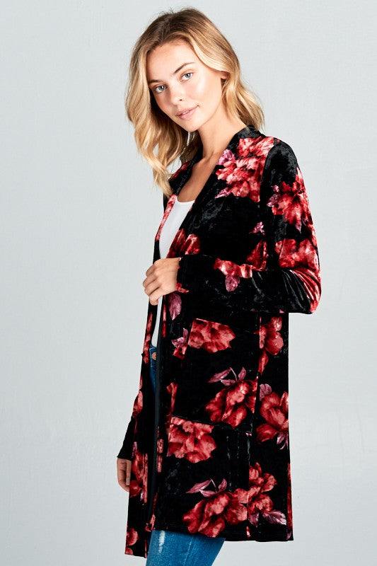 Red & Black Floral Velvet Cardigan