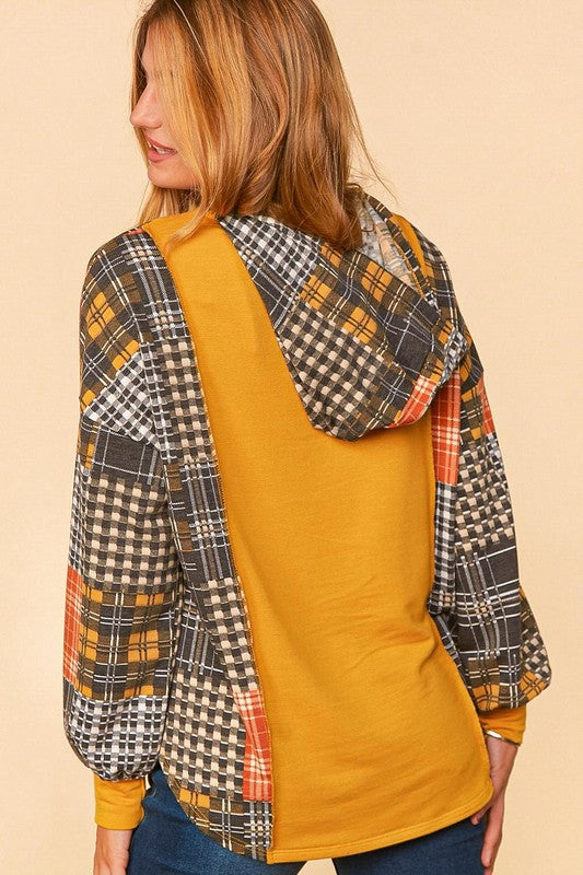 PLAID PATCHWORK BUTTON DOWN LOOSE FIT HOODIE