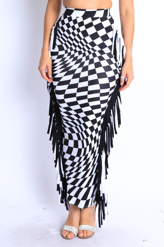 Checkered Fringe Maxi Skirt