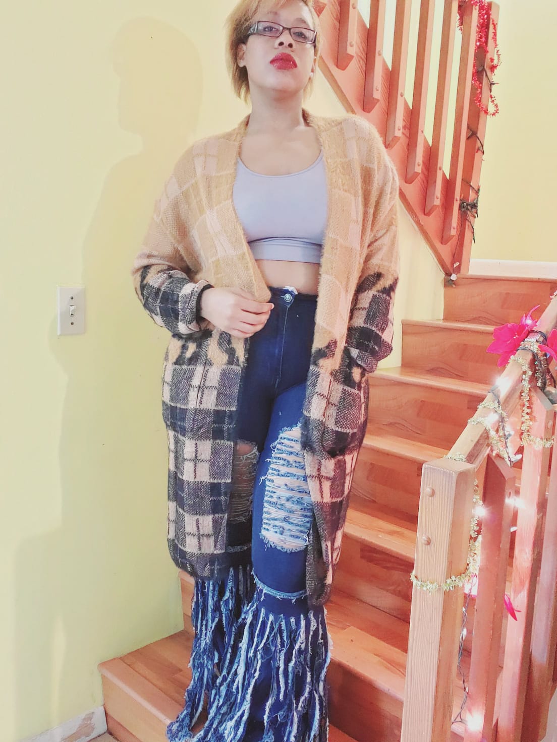 color block plaid long cardigan