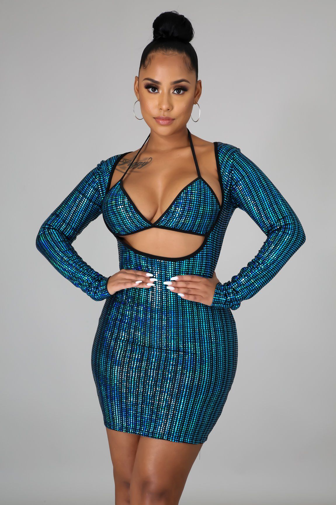 Metallic Sequin Long Sleeve Mini Dress