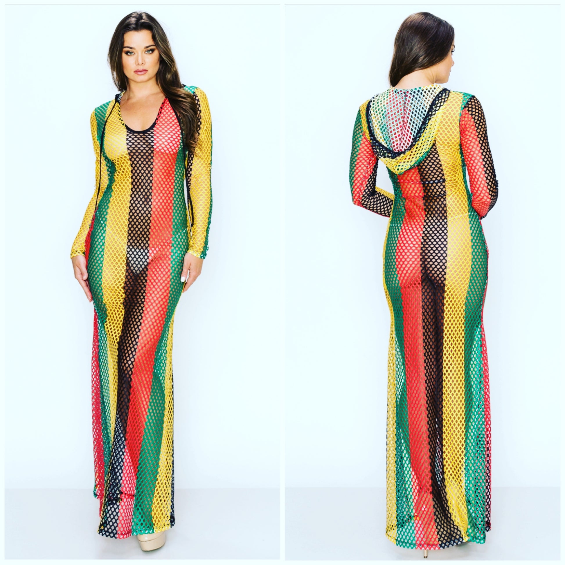 rasta reggae fishnet hooded long sleeve maxi dress