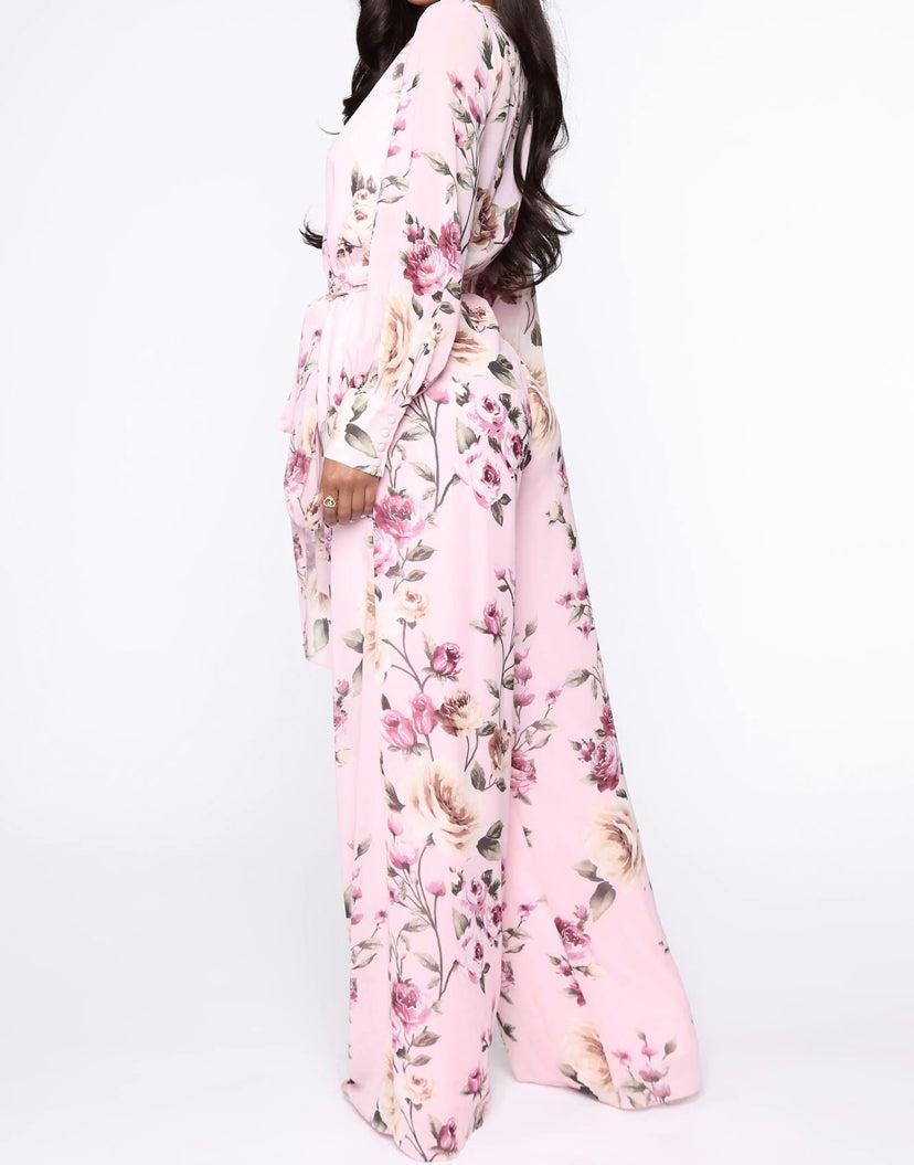 pink chiffon floral printed wide leg jumpsuit