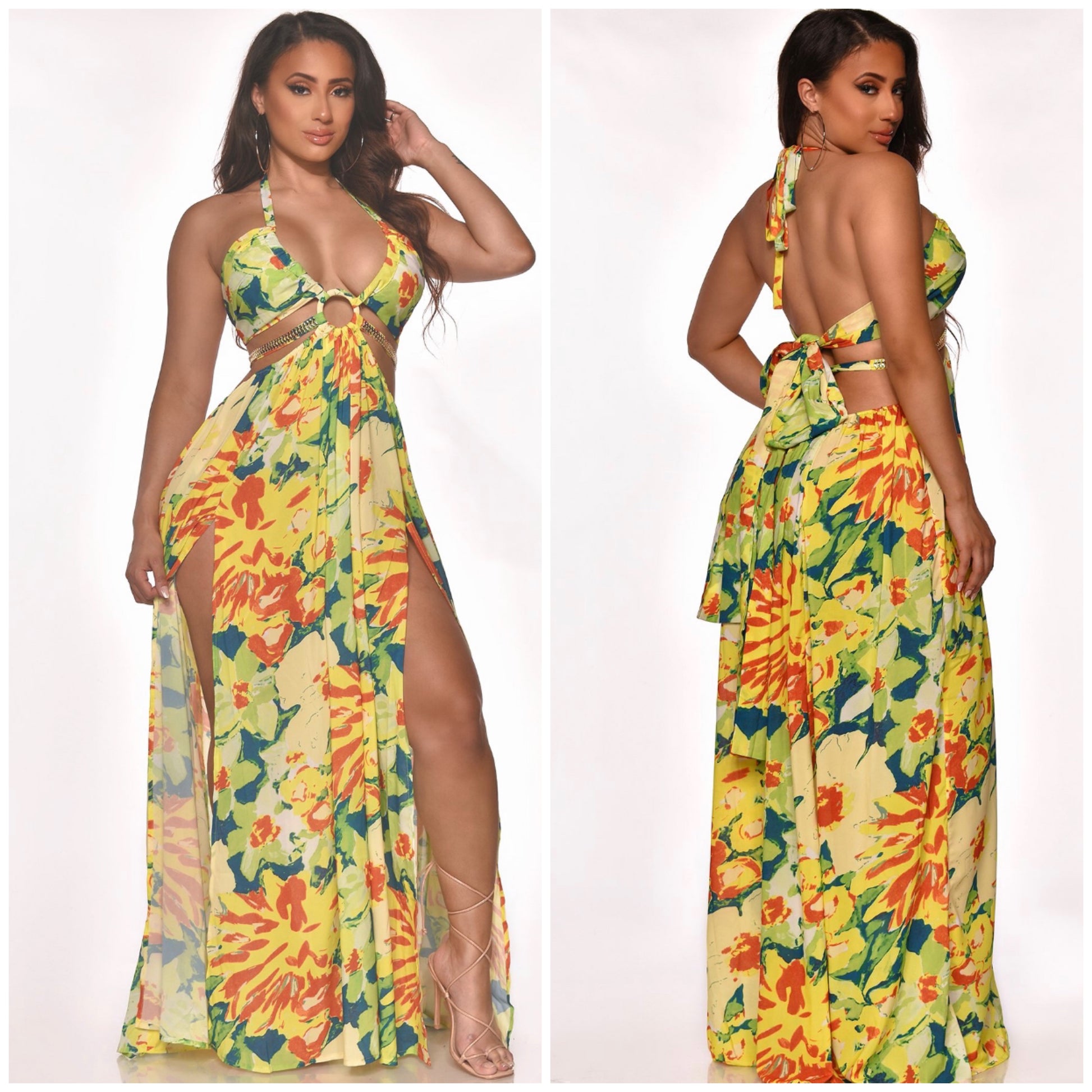 vacation double slit halter maxi dress