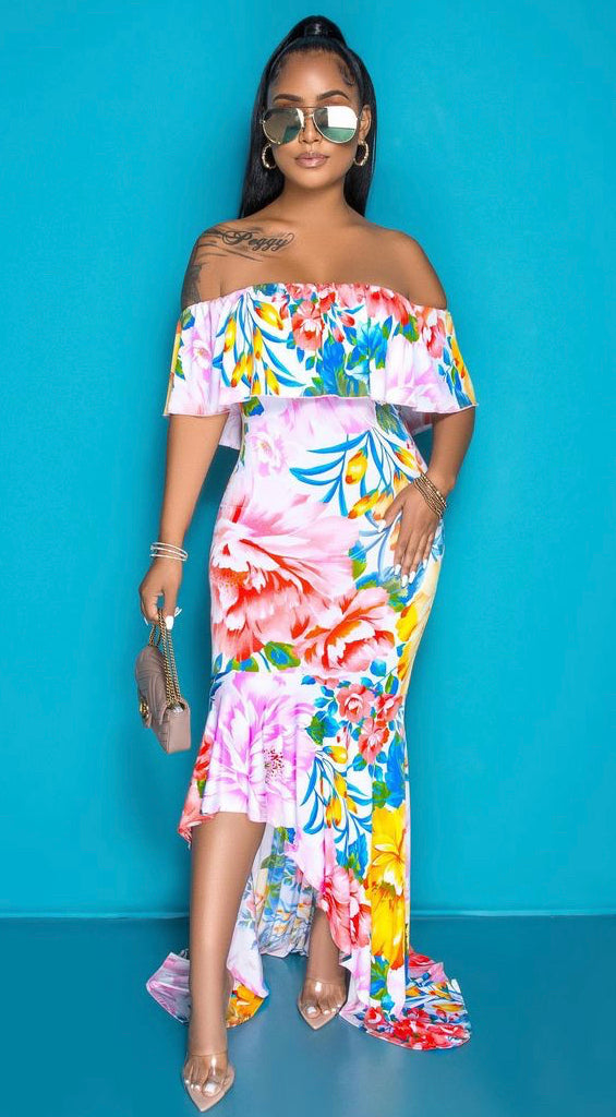 pink floral high low ruffled dress