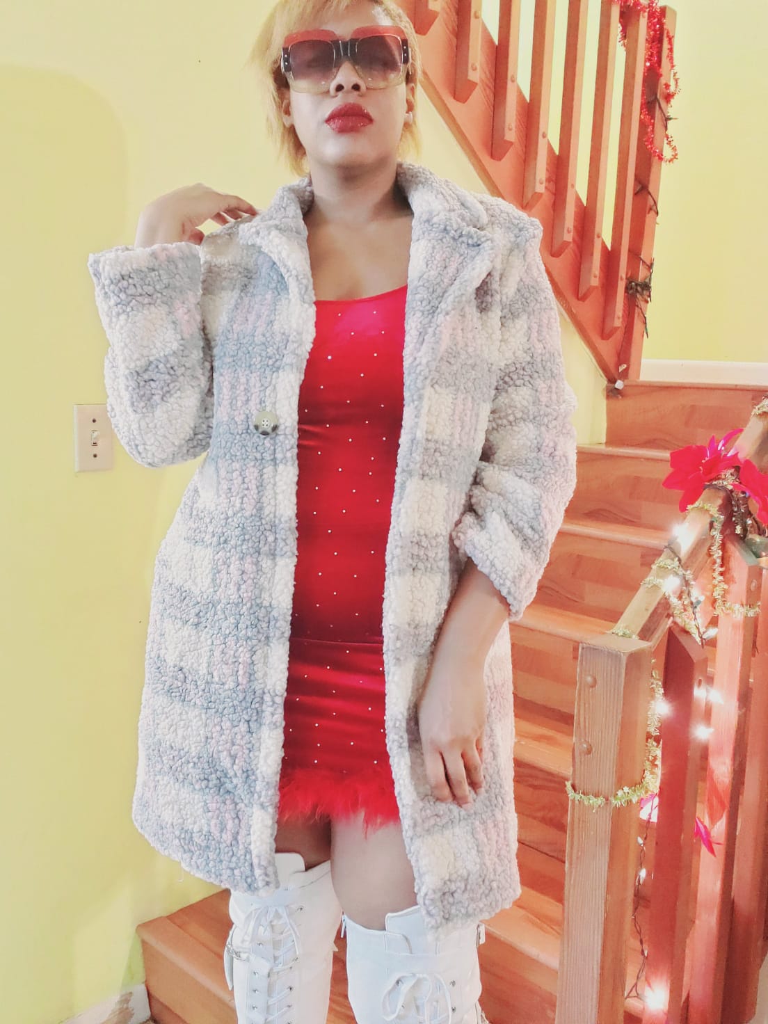 fluffy midi plaid coat