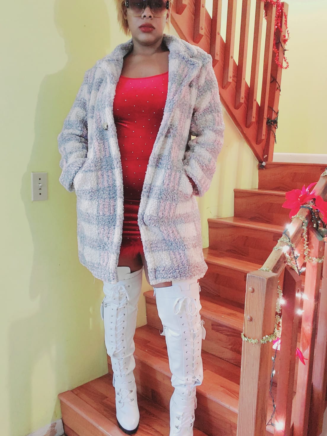 fluffy midi plaid coat
