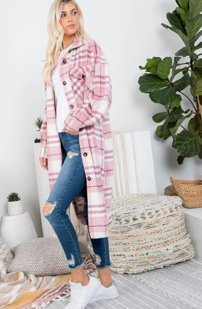 mauve plaid long shirt jacket