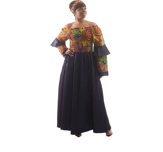 african denim smocked kente elegant maxi dress