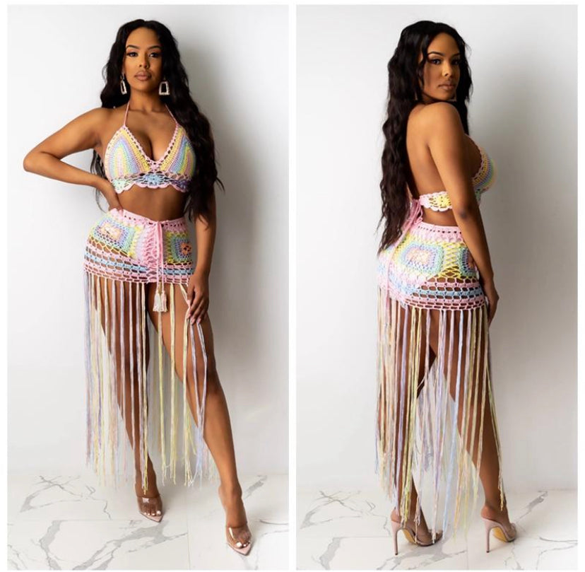 pink multicolor fringe swimwear set