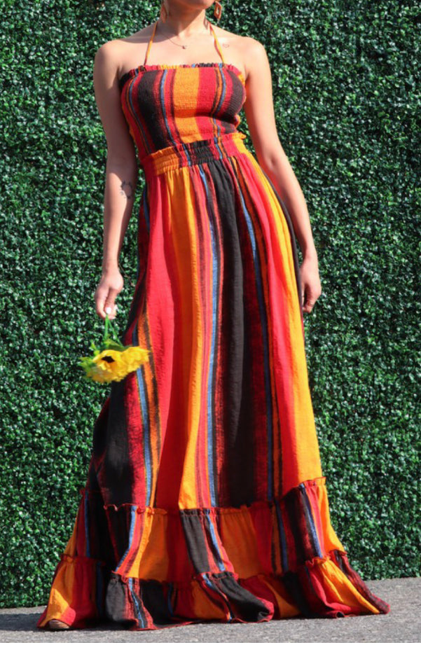 multicolored autumn hemmed bottom halter maxi dress