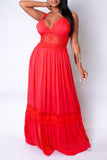 red maxi dress with crochet detail