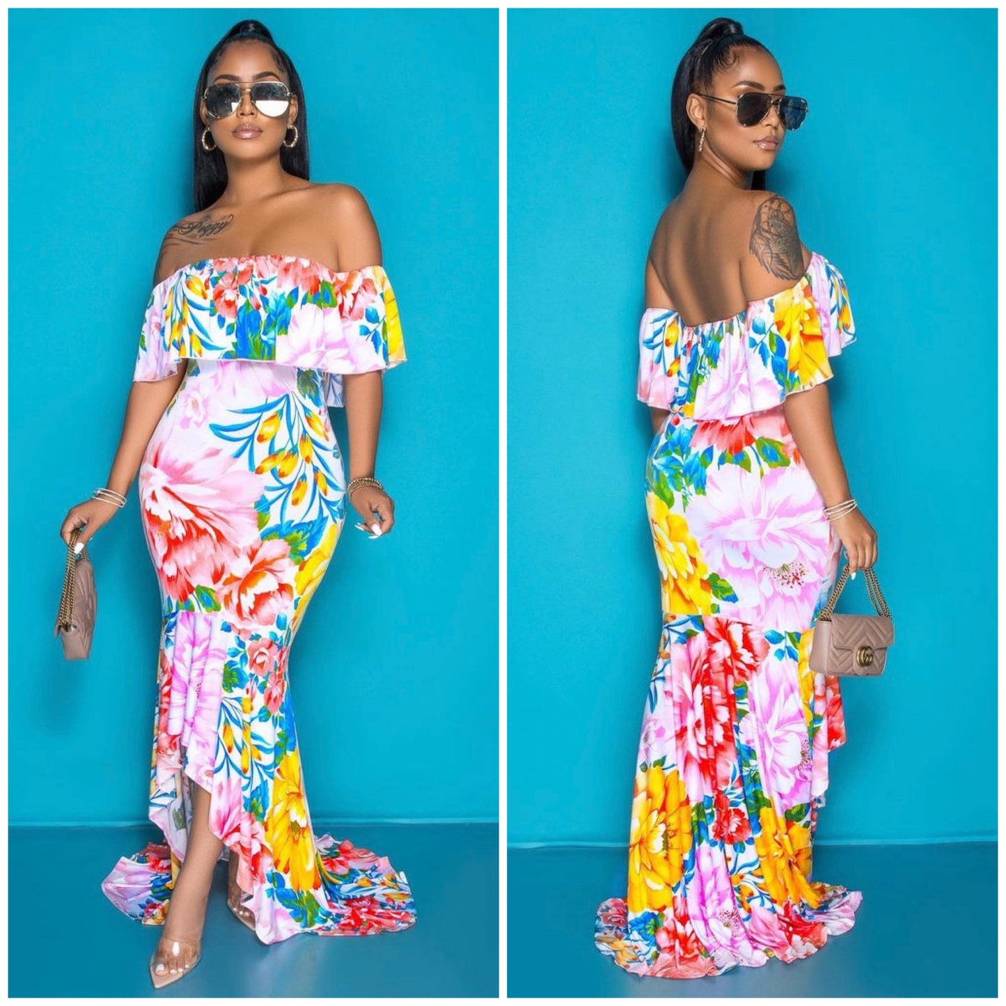 pink floral high low ruffled dress