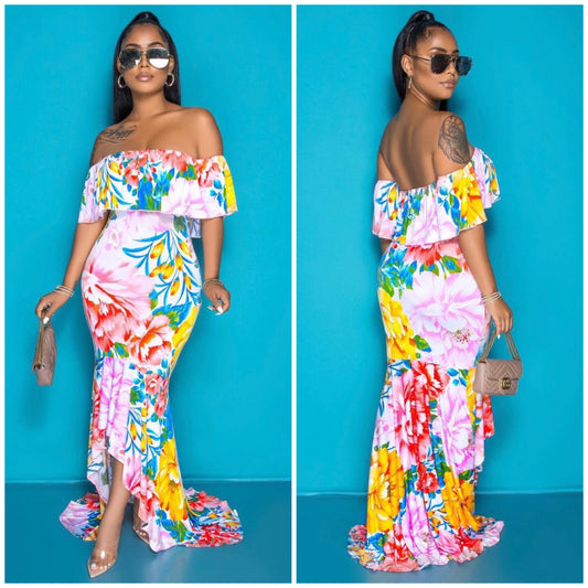 pink floral high low ruffled dress