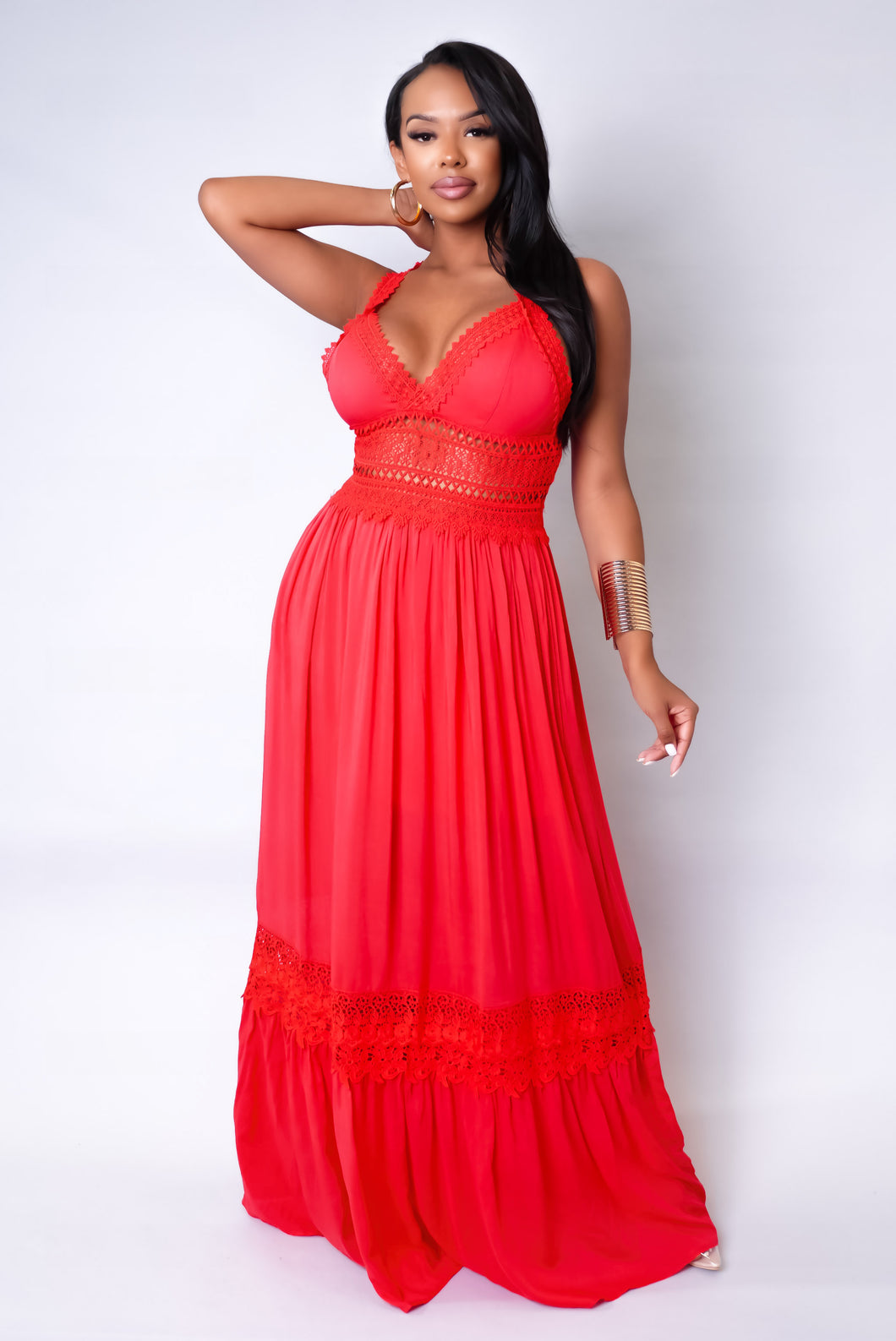 red maxi dress with crochet detail