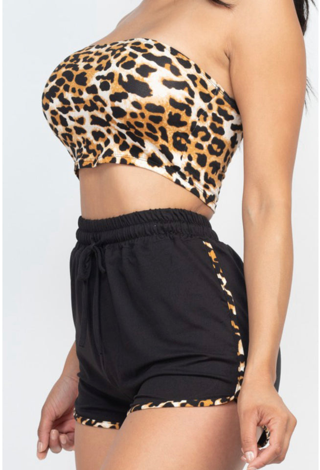 Leopard Print Tube Top & Shorts Set