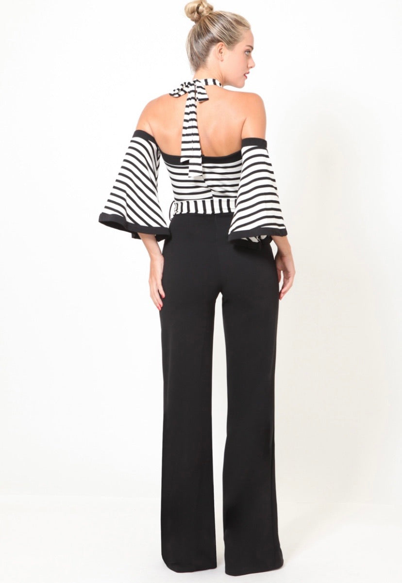 black & white off shoulder jumpsuit