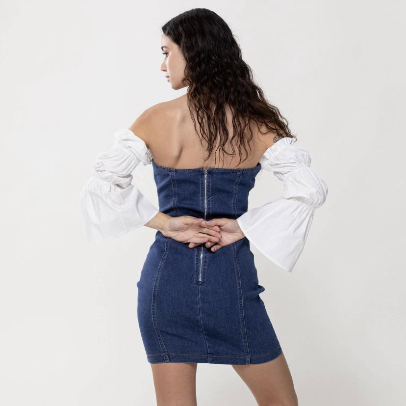 white on denim laced up dress