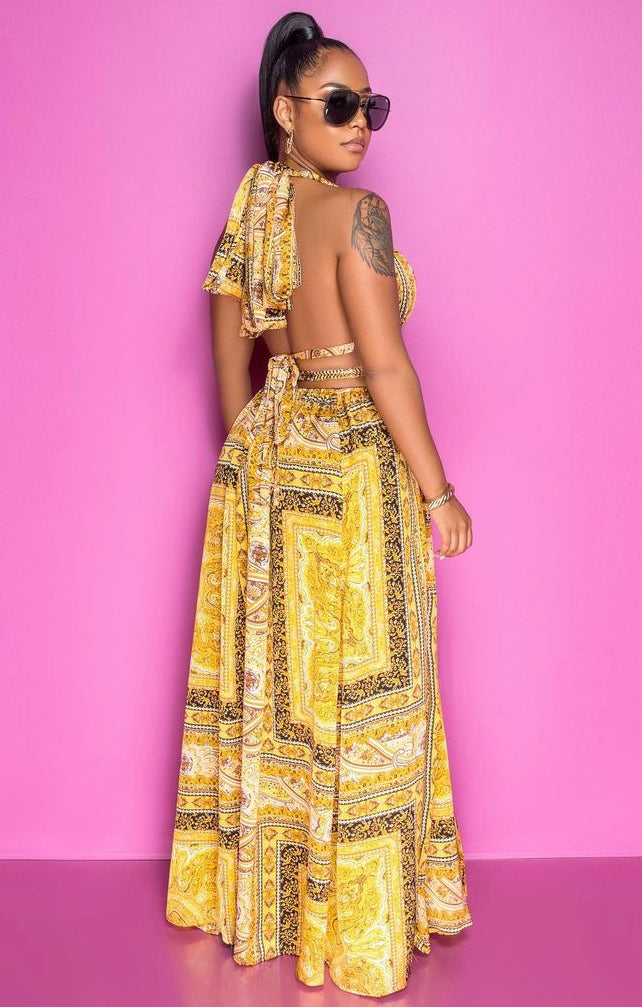 vacation double slit halter gold maxi dress