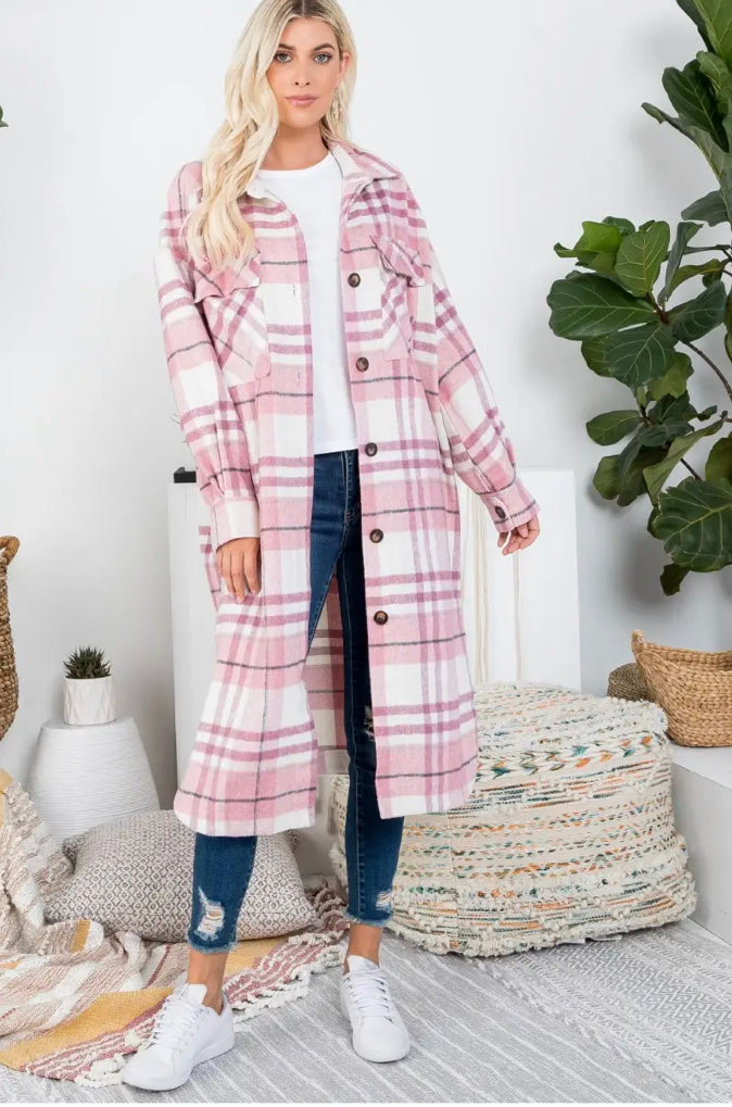 mauve plaid long shirt jacket