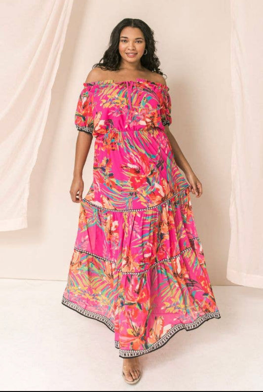 plus size printed off shoulder maxi dress