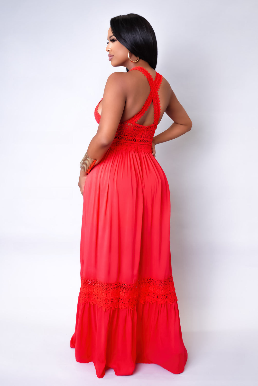 red maxi dress with crochet detail