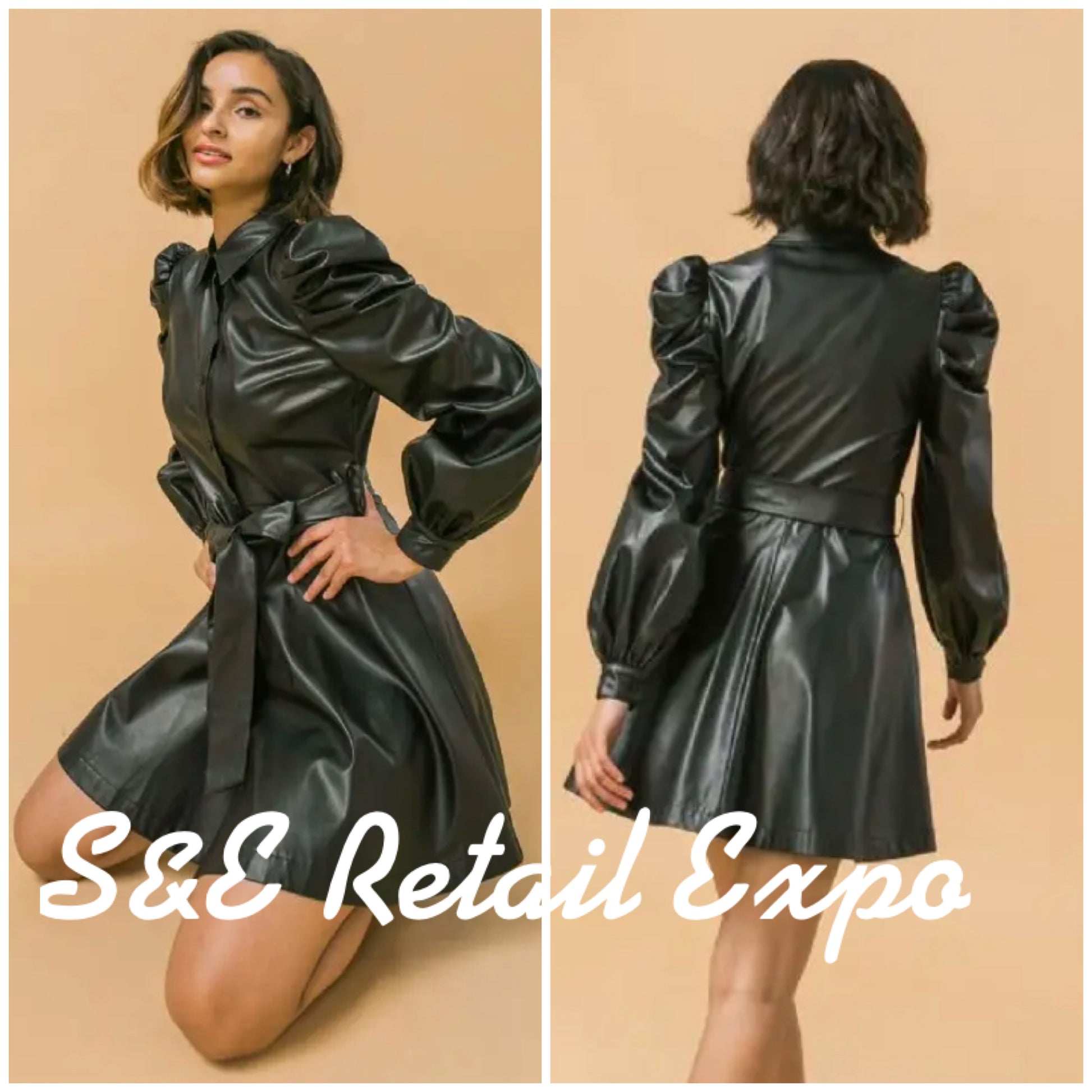 faux leather flare shirt dress