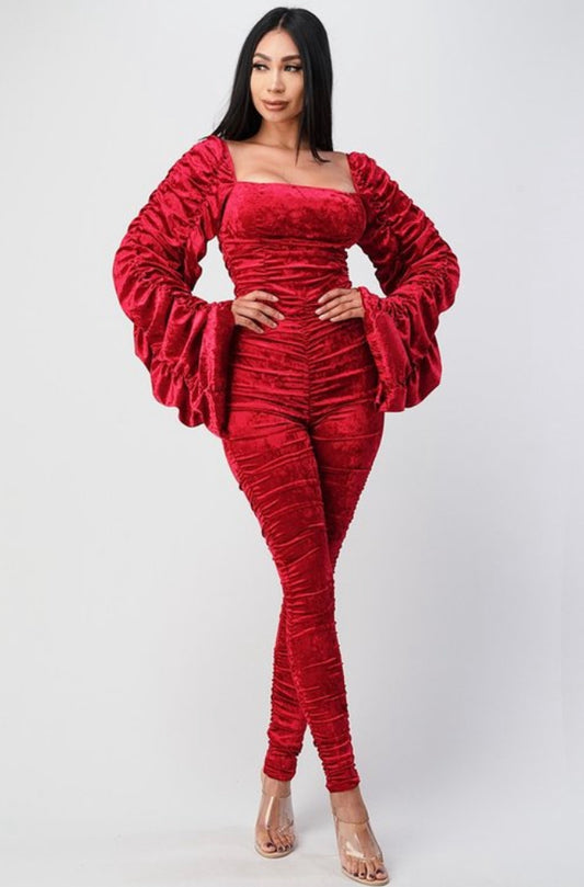 red velvet ruffled sleeves jumpsuit