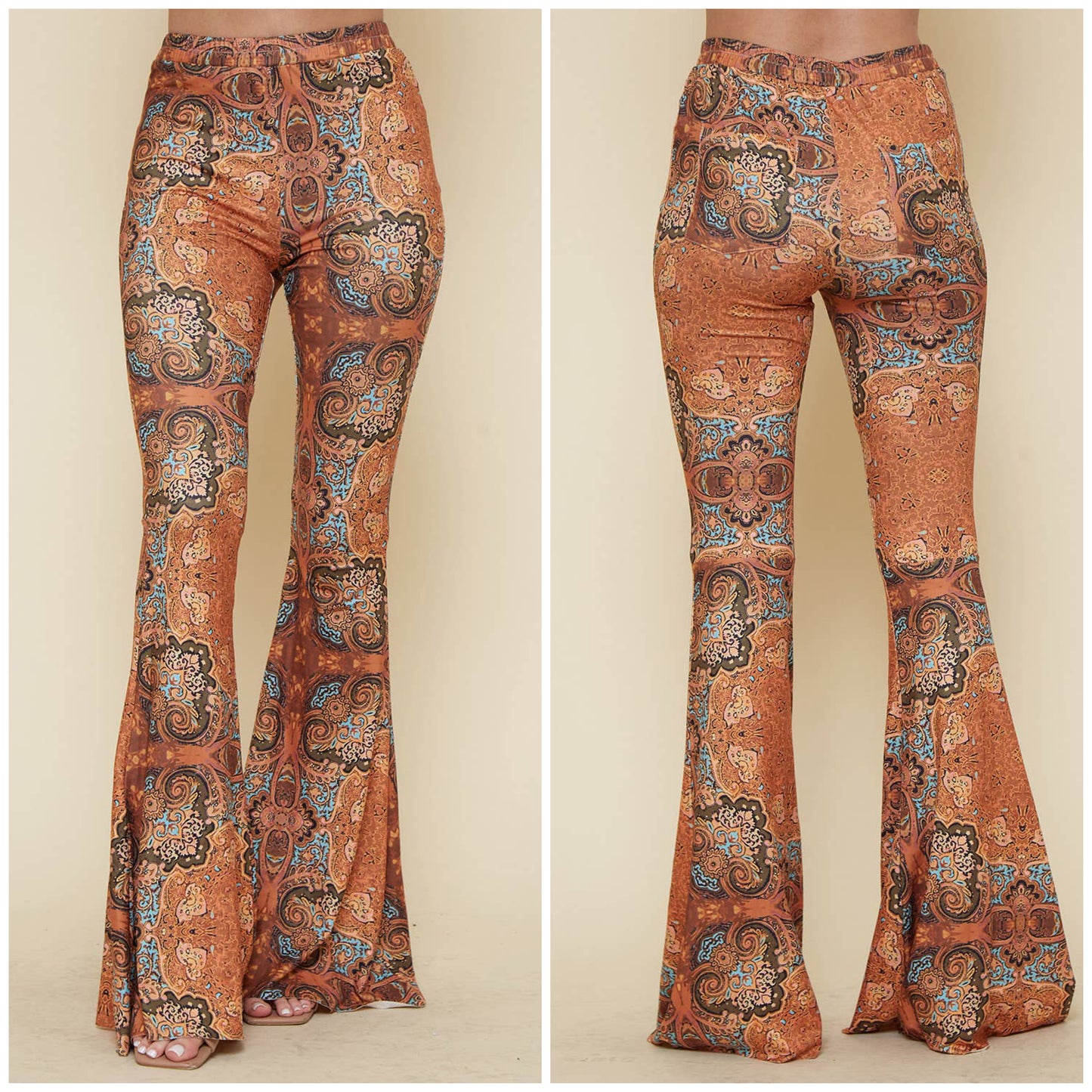 rust printed bell bottom pants