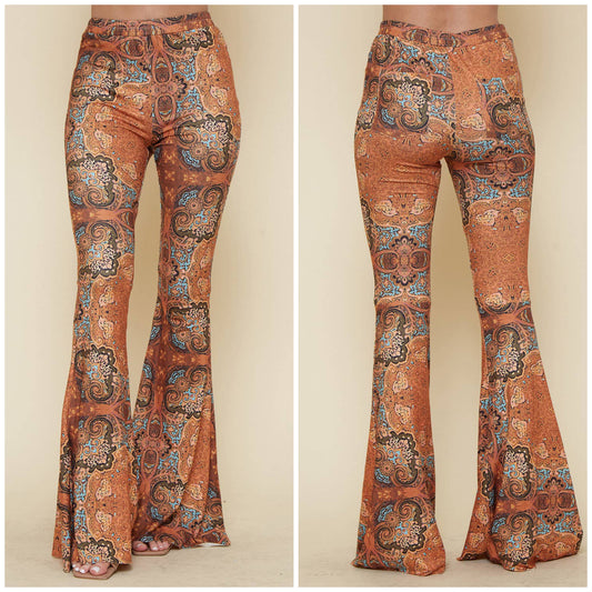 rust printed bell bottom pants