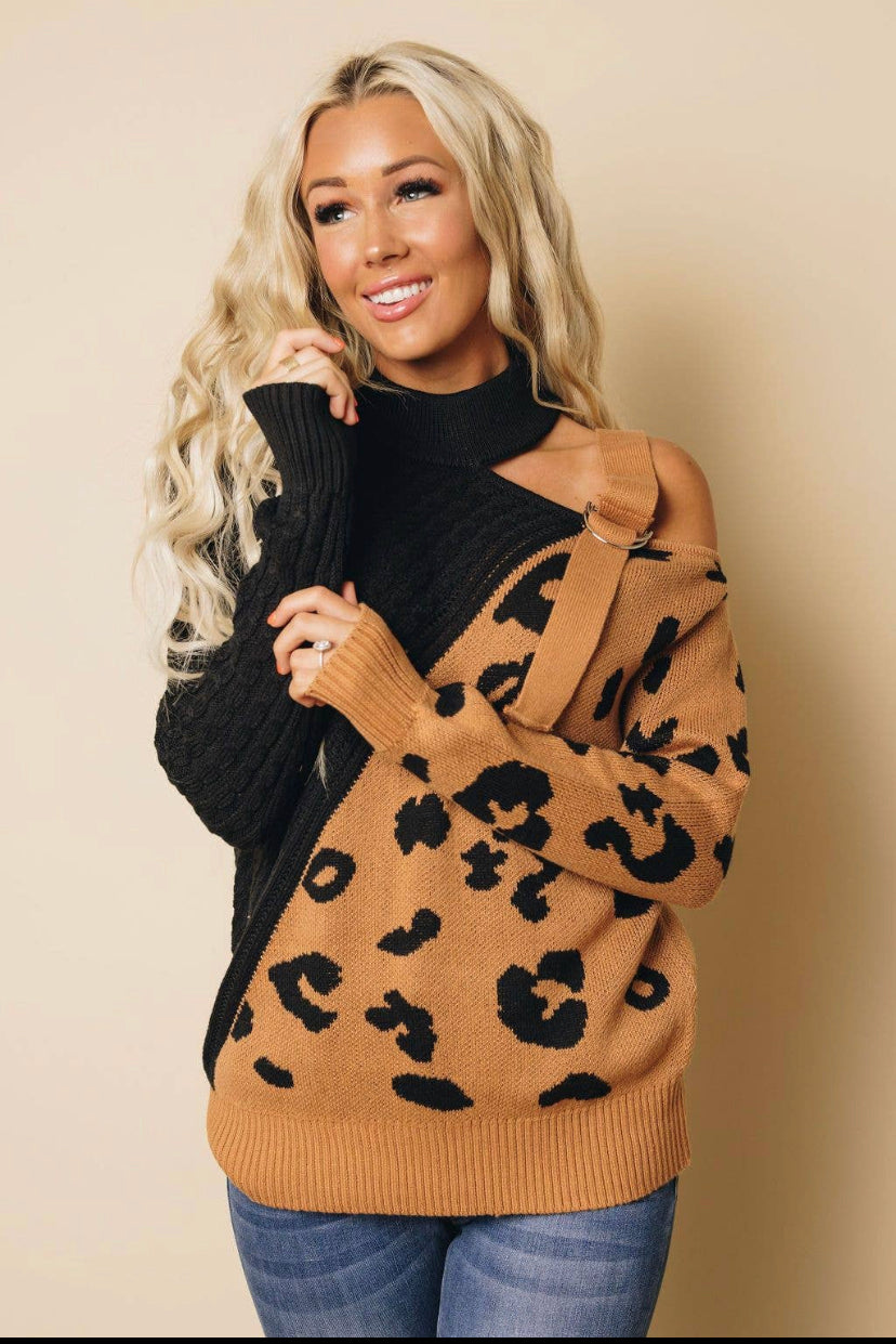 asymmetrical buckled blouse sweater black/brown/2x