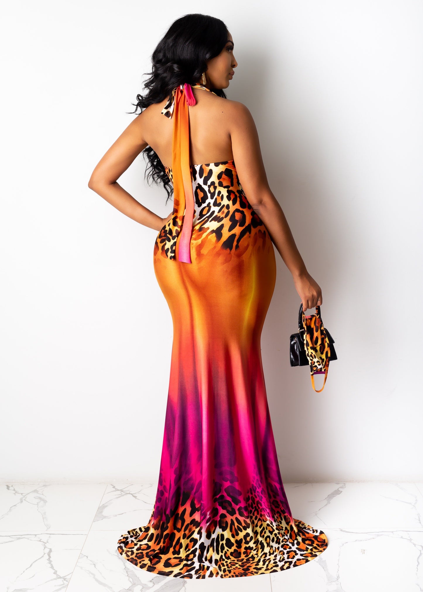 elegant sunrise/sunset cheetah print halter maxi dress