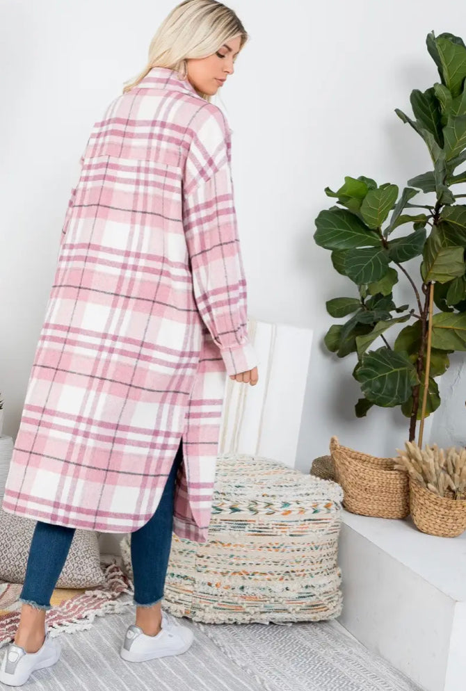 mauve plaid long shirt jacket