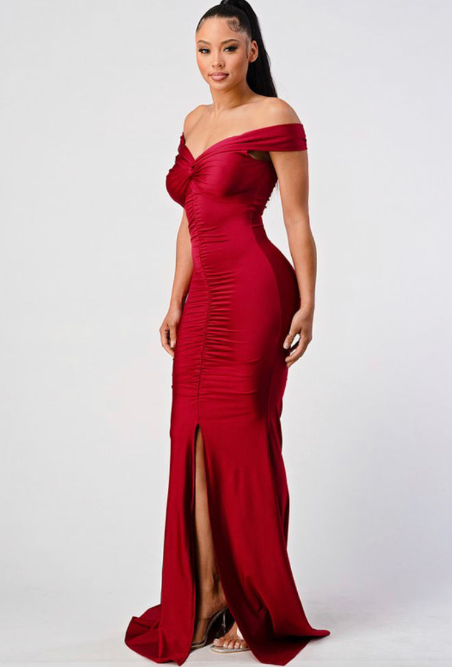 off the shoulder ruched mermaid maxi dress
