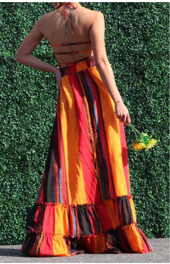 multicolored autumn hemmed bottom halter maxi dress