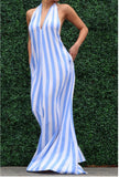 blue & white striped halter open back maxi dress