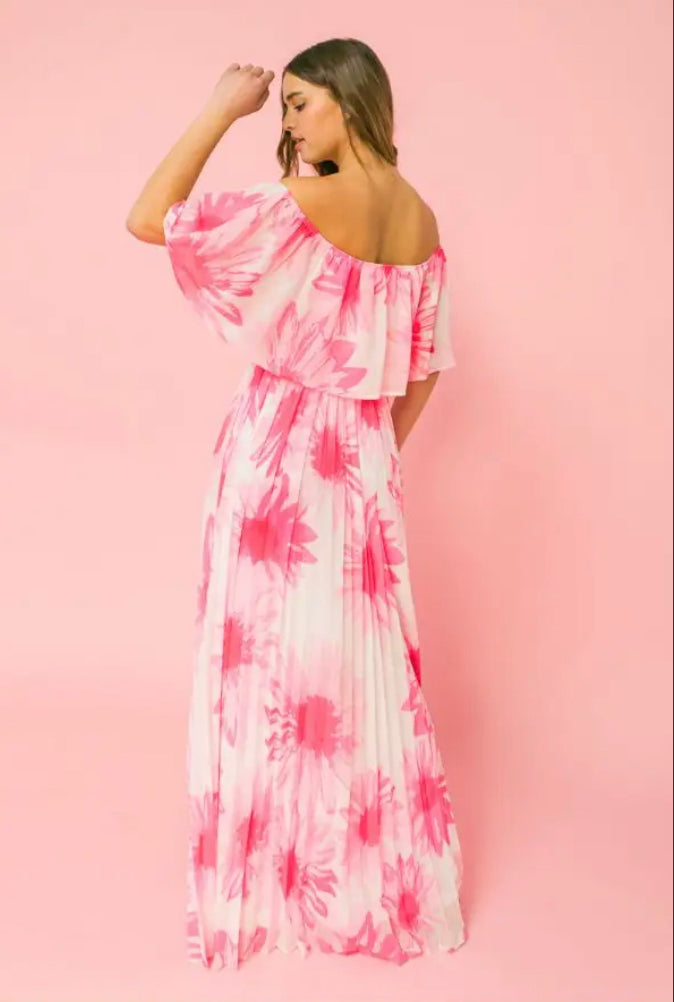 Pink Flounced Off Shoulder Maxi Dress