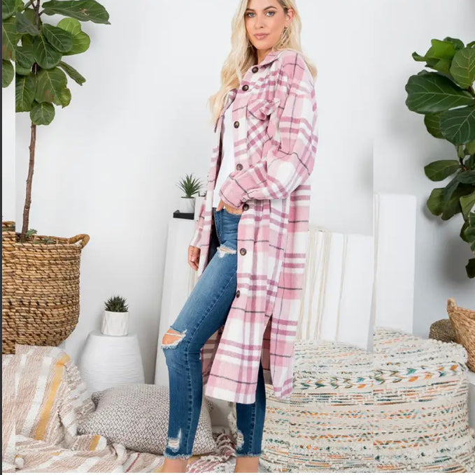 mauve plaid long shirt jacket