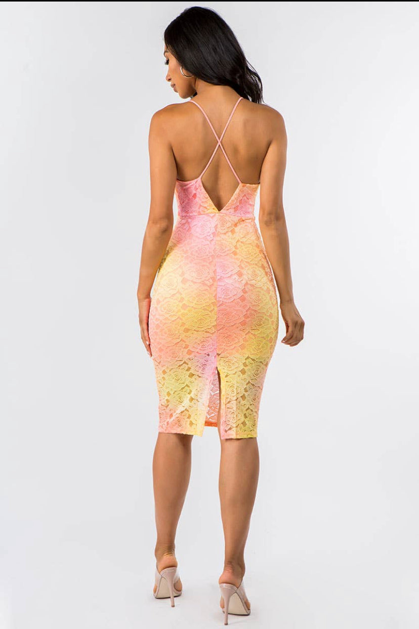 coral cross back lace print lined midi dress