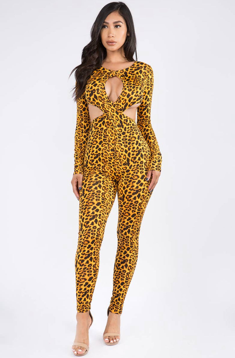leopard print jumpsuit with open sides