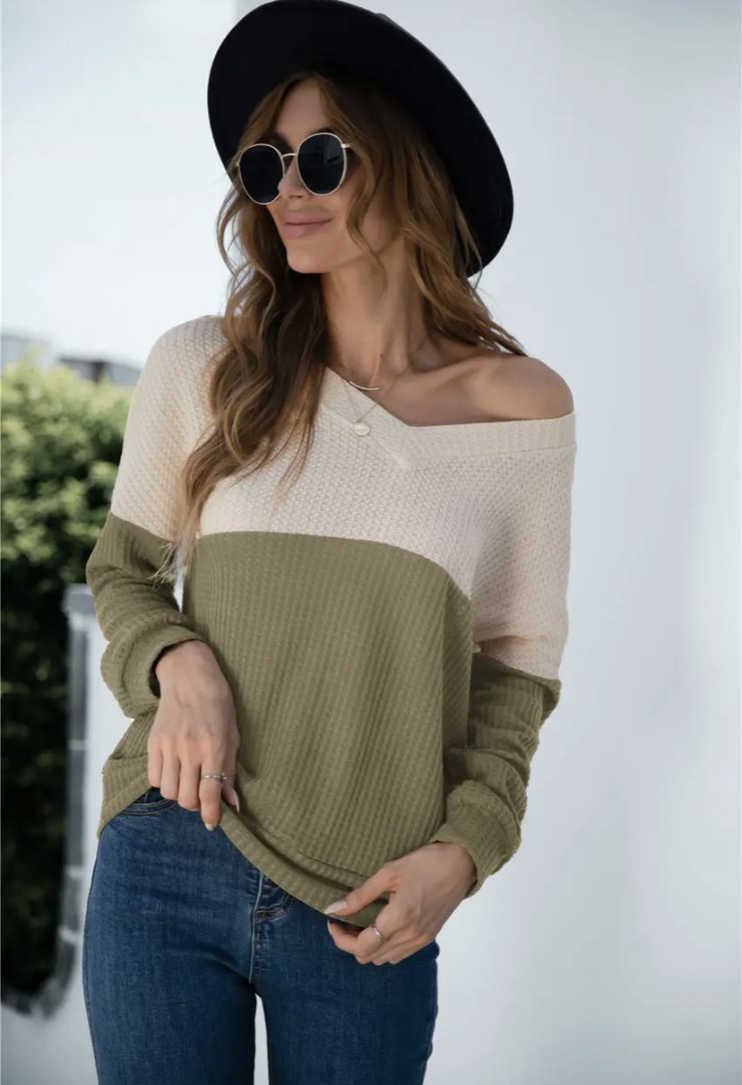 two-toned waffle knit long sleeve top