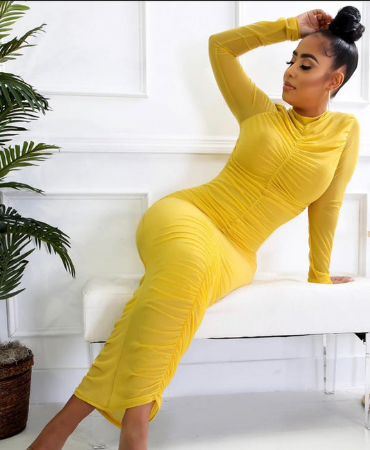 ruched up bodycon midi mustard dress
