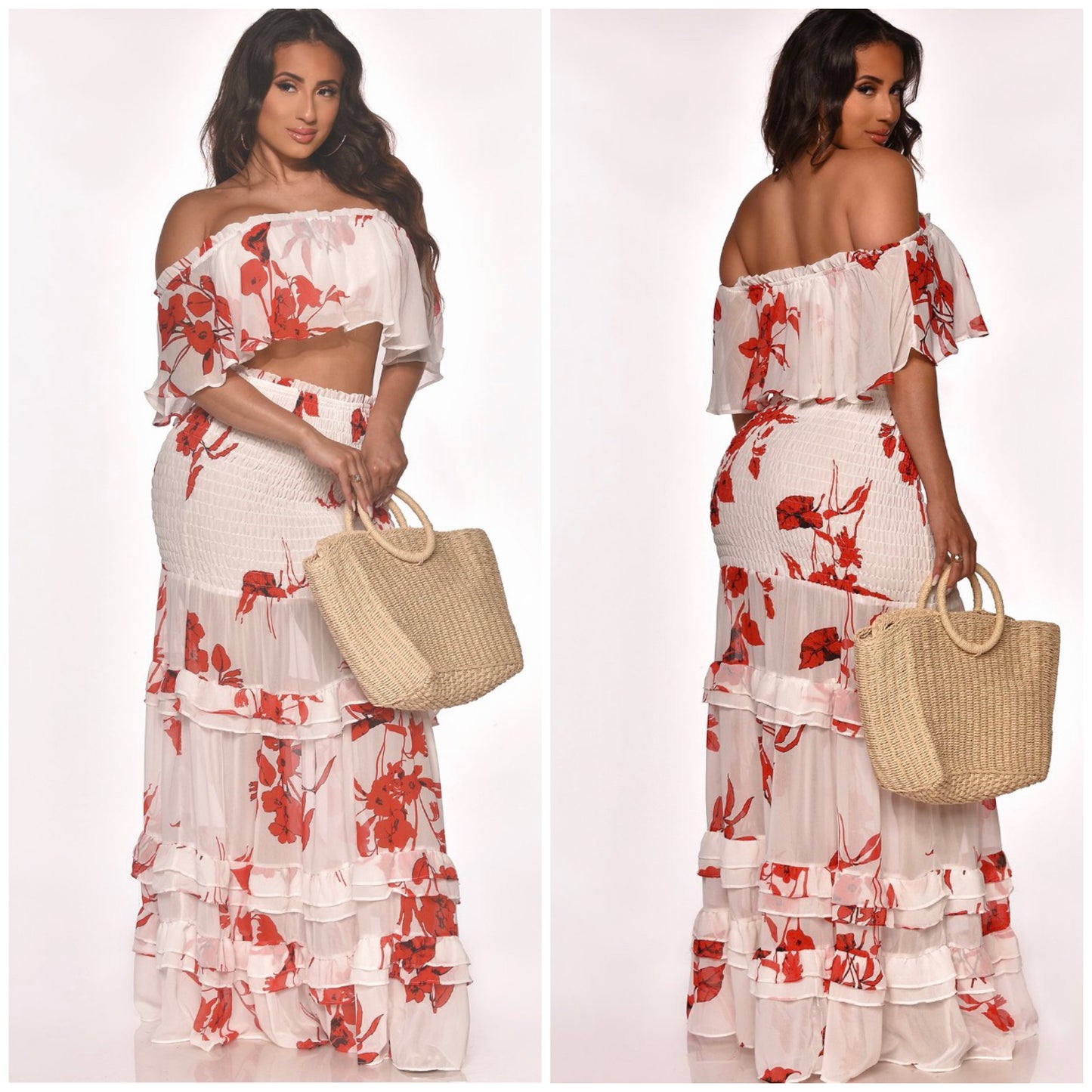 red flowers resort maxi skirt set