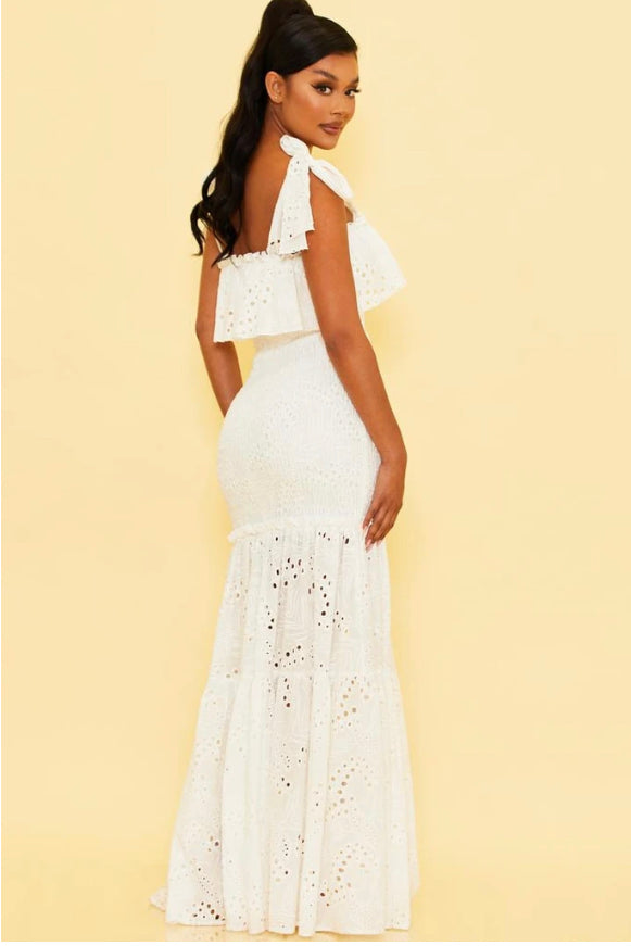vacation white crochet ruffled bottom maxi dress