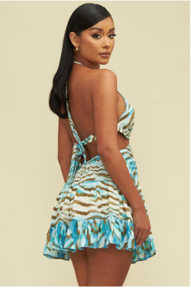 Tropical Halter Flare Open Back Mini Dress