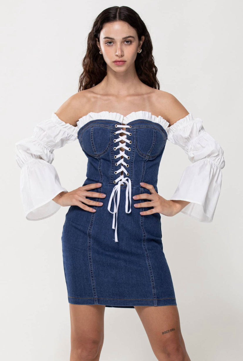 white on denim laced up dress