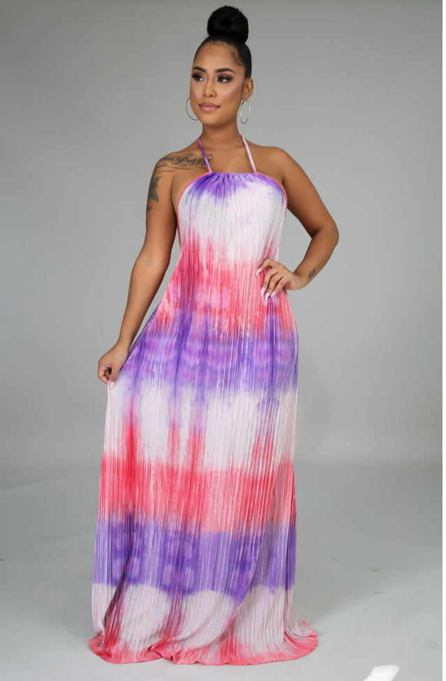 “dreams” pleated halter neck open back maxi dress