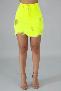 neon denim distressed mini skirt