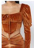 velvet brown ruched skirt & cropped puff top set