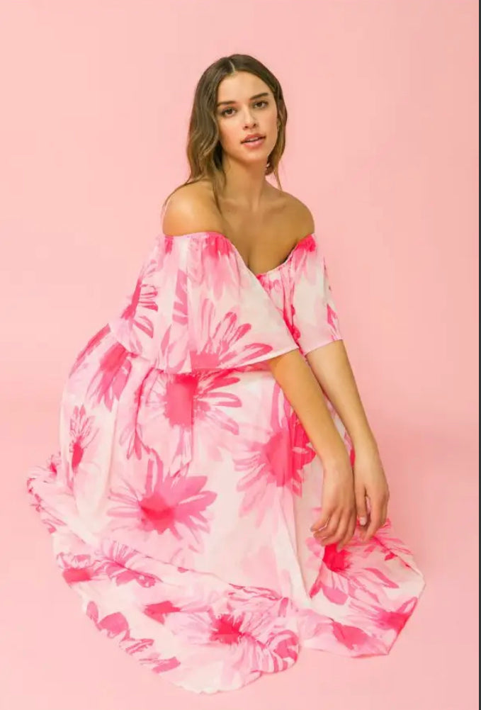 Pink Flounced Off Shoulder Maxi Dress